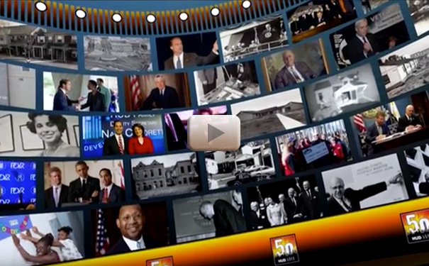 Composite image of several pictures depicting important moments in HUD’s history.
