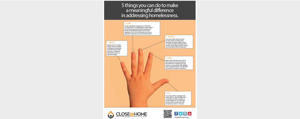 An advertisement flyer showing a child’s hand lists five ways to address homelessness.