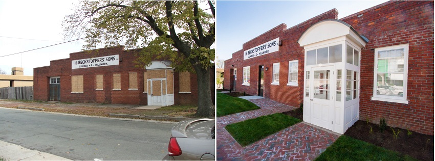 Photographs taken at street level showing the front façade of the historic Beckstoffer’s Mill building, a one-story brick building, before and after project completion (courtesy of Better Housing Coalition).