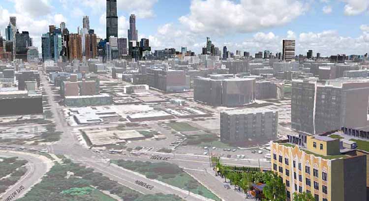A low-angle aerial rendering, with three-dimensional buildings overlaid on an aerial photograph of the Near West Side of Chicago looking eastward toward downtown Chicago. Harvest Commons is in the foreground in the lower right-hand corner of the image; skyscrapers and mid-rise buildings line the horizon in the background.