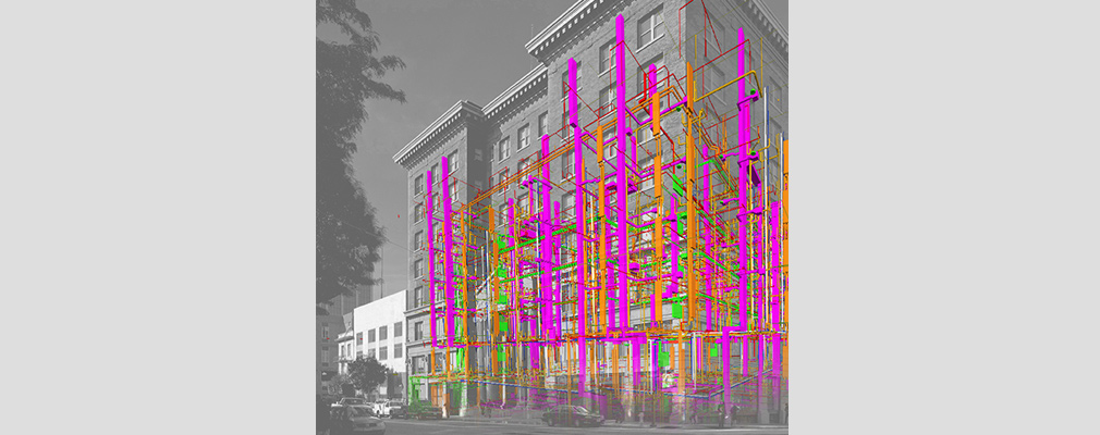 Computer-generated representations of pipes and duct work superimposed on a photograph of the front and side façades of Kelly Cullen Community.