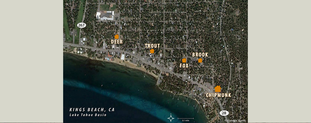 A satellite photograph of Kings Beach, California, showing the location of each of the five scattered sites in the Kings Beach Housing Now development labeled with the name of the site: Deer, Trout, Fox, Brook, and Chipmunk.