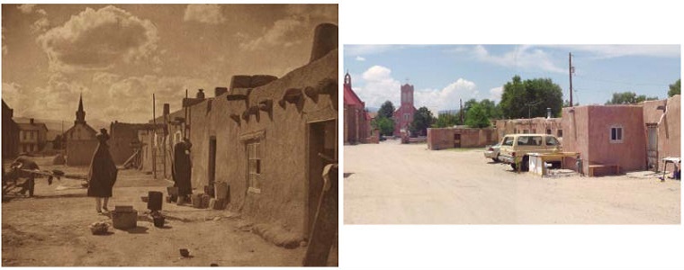 A historic photograph of Owe’neh Bupingeh from the late 19th century and a photograph taken at the same location in Owe’neh Bupingeh in the early 21st century before restoration efforts (image left, “Street Scene at San Juan,” Edward S. Curtis, courtesy of the Northwestern University Library; image right, courtesy of Atkin Olshin Schade Architects).