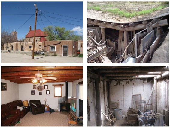 Two exterior and two interior photographs of pueblo homes in varying states of repair (courtesy of Atkin Olshin Schade Architects).