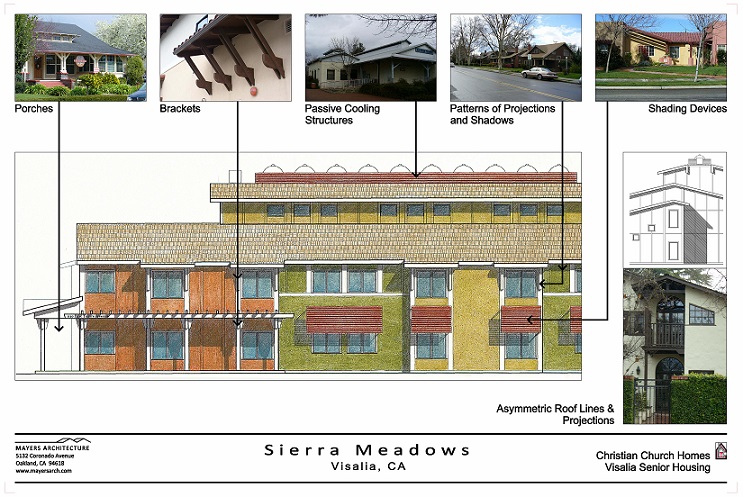 An early presentation board prepared by the project’s architects with a rendered drawing of the front elevation of Sierra Meadows on which architectural elements are identified; a series of small photographs show similar elements in existing buildings in Visalia. 