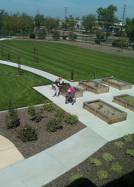 Photograph taken from the Sierra Meadows building looking down on two residents tending to one of six raised planting beds located behind the building. The planters are surrounded by a paved surface, and walkways lead from the building to the planters and from there to the city park in the background. Bushes, trees, and a large lawn are planted near these hardscapes.