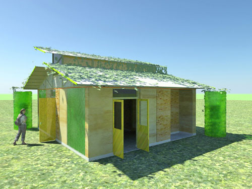 An image of a concept house constructed entirely from recycled waste material.