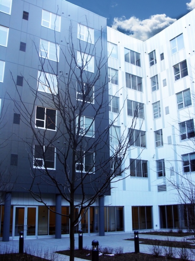 Photograph taken at ground level of a corner of the courtyard, showing two sides of a six-story building wrapping around the courtyard. The courtyard is hardscaped with planting beds having a tree, small bushes, and low light standards. The first level of the building has floor- to-ceiling windows and glass doors for access to the courtyard.