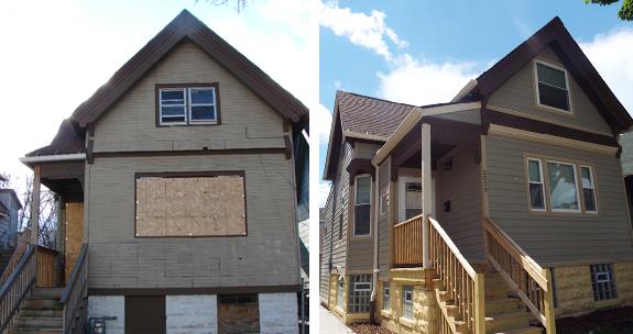 Two photographs, one taken before and one after renovations, of a single-family detached home. The before-image is of a home with a boarded window and door, a deteriorating wood staircase, and asphalt siding; the after-image shows the home with new a new staircase, windows, and door, as well as wood siding.
