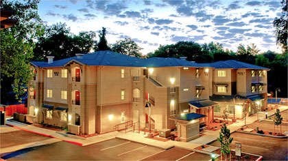 Exterior image of the three-story Bidwell Park Apartment complex.