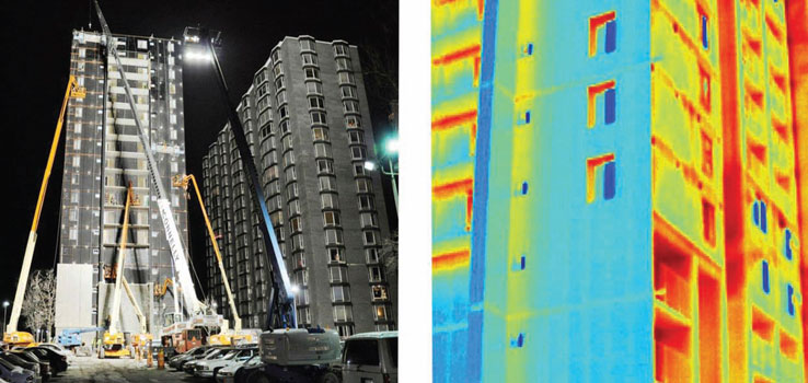 Before and After: The infrared image on the right highlights the effectiveness of weatherization. The area of blue shows where metal panels have been installed; the “blue” is cold air kept outside the building. The area of reds and yellow, where the plates have not yet been installed, show heat and energy escaping from the building.