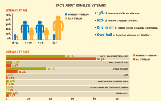 Data shown are for sheltered homeless veterans — veterans who spent at least one night homeless in an emergency shelter or transitional housing facility between October 1, 2009 and September 30, 2010.