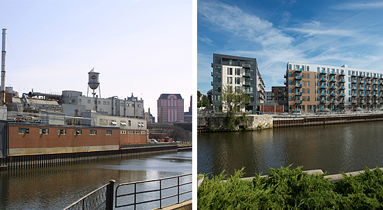 An example of successful brownfield redevelopment, the former Pfister & Vogel leather tannery (left) is now the site of The North End apartments along the Milwaukee River in downtown
Milwaukee, Wisconsin (right).