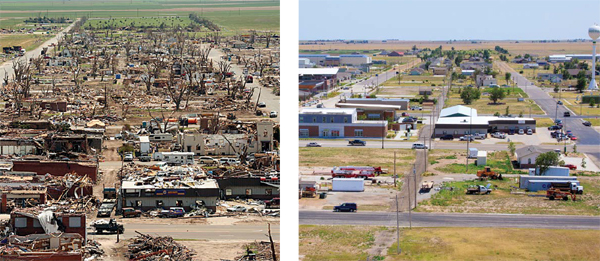 Aerial photos of tornado destruction of a town and of its buildings and streets once rebuilt.
