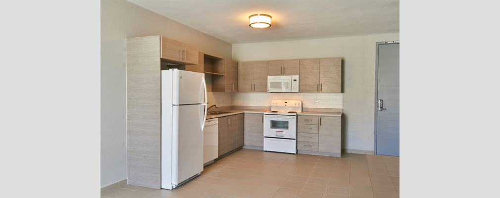 Photograph of a kitchen with a refrigerator, dishwasher, stove, microwave, and upper and lower cabinets. 