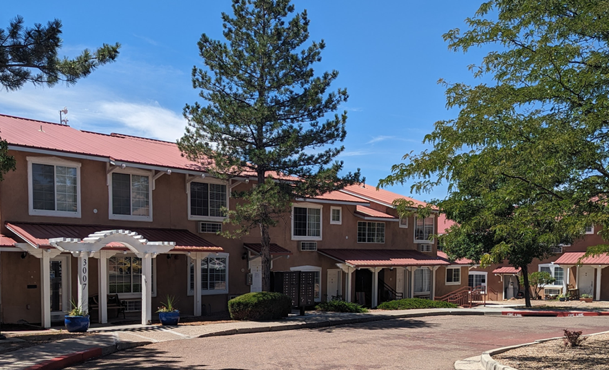 Front view of a two-story motel building.