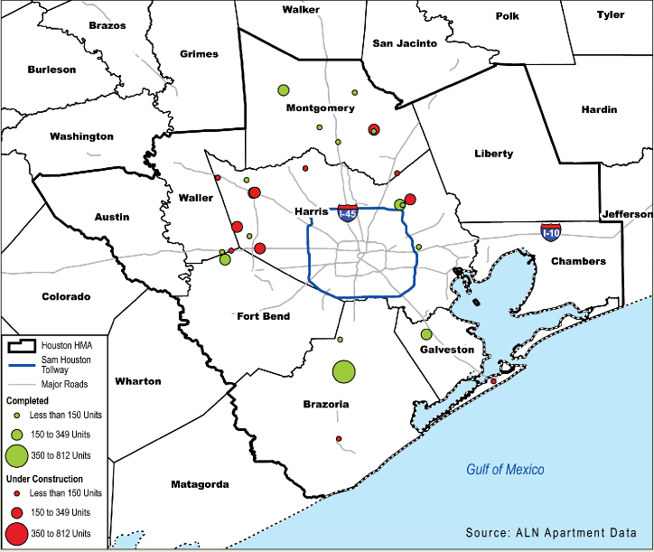 A map showing number of build-for-rent properties in the Houston-The Woodlands-Sugar Land MSA in 2022.