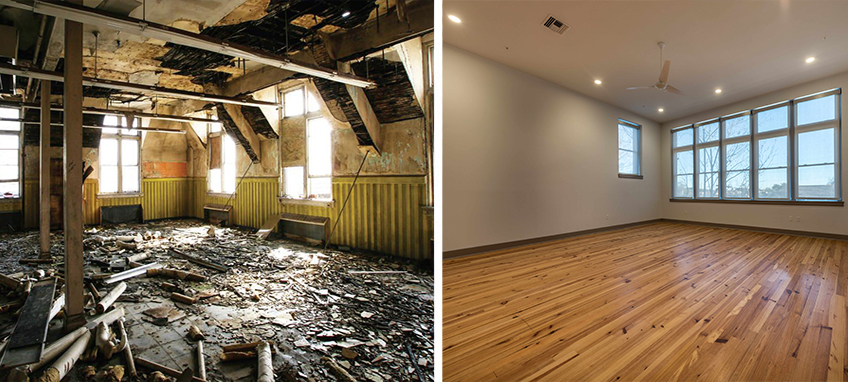 Composite image showing a classroom on the Bell Artspace Campus before (left) and after (right) renovation.