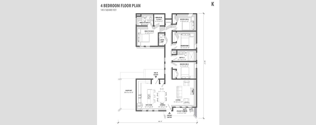 Cross-section from the housing catalogue of a floor plan for a four-bedroom house.