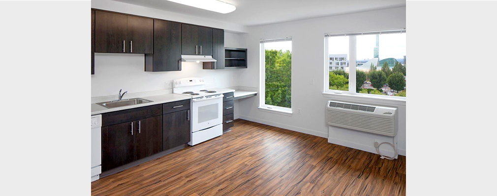Photograph of the kitchen of a new, empty apartment.