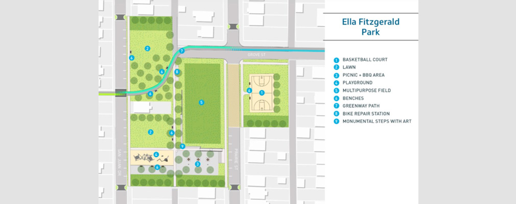Aerial photograph of portions of several neighborhood blocks overlain with a rendering of a park, named “Ella Fitzgerald Park,” and with a list of park features.