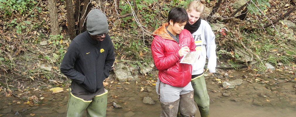 Photograph of three students taking notes while standing in a creek.