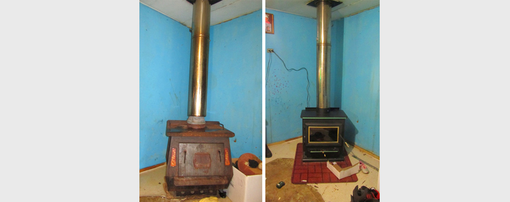 Two photographs of the interior of a home, one with a rusted heating stove with a poorly fitting chimney (left) and the other with a newly installed stove (right).