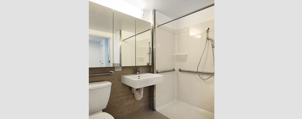 Photograph of a bathroom with a roll-in shower, detachable showerhead, and handrails.