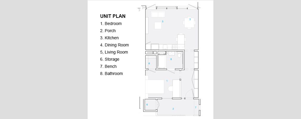 Each one-bedroom apartment includes a “front porch” that overlooks the building’s courtyard. 