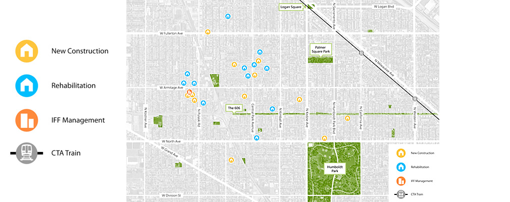 Map of project sites located between Logan Square and Humboldt Park.