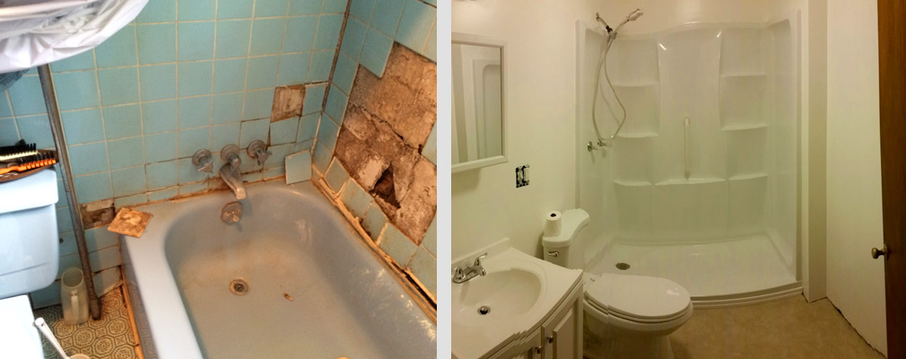 Before-and-after photographs of a bathroom in disrepair (left) and a renovated bathroom (right). 