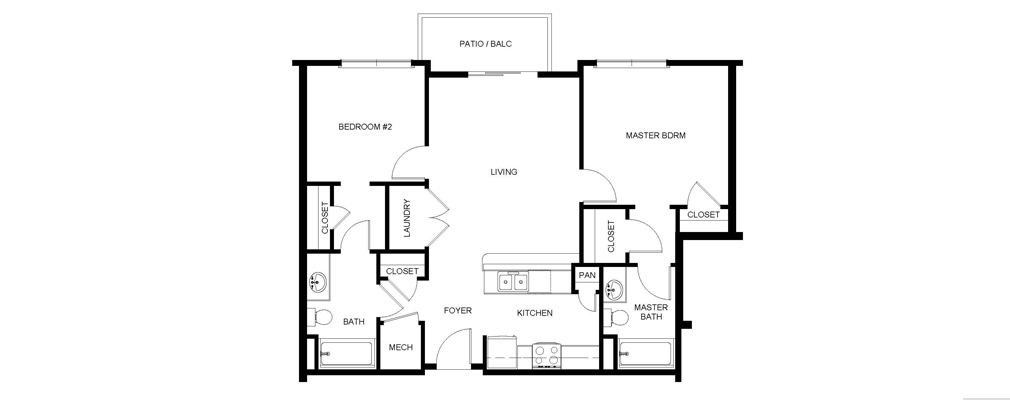 Floor plan of a two-bedroom, two-bathroom apartment with a kitchen, living room, and balcony.