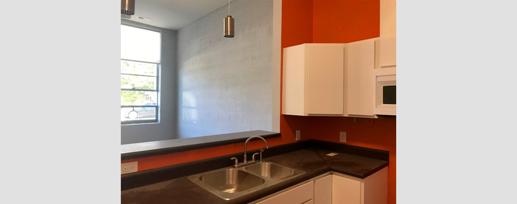 Photograph of a kitchen sink and two cabinets beside a half-wall opening to the living area of a renovated apartment.