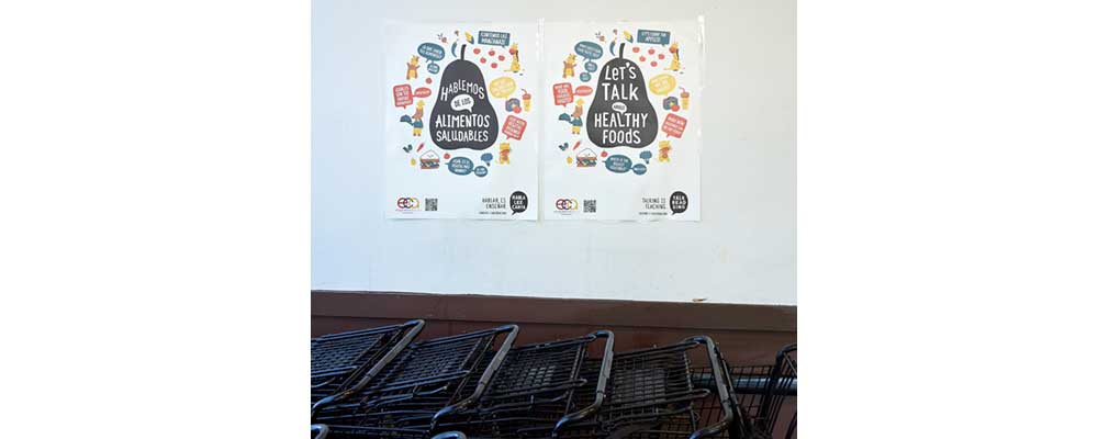 Photograph of two posters hanging on a wall above shopping carts that say “Let’s talk about healthy foods” in English and in Spanish.