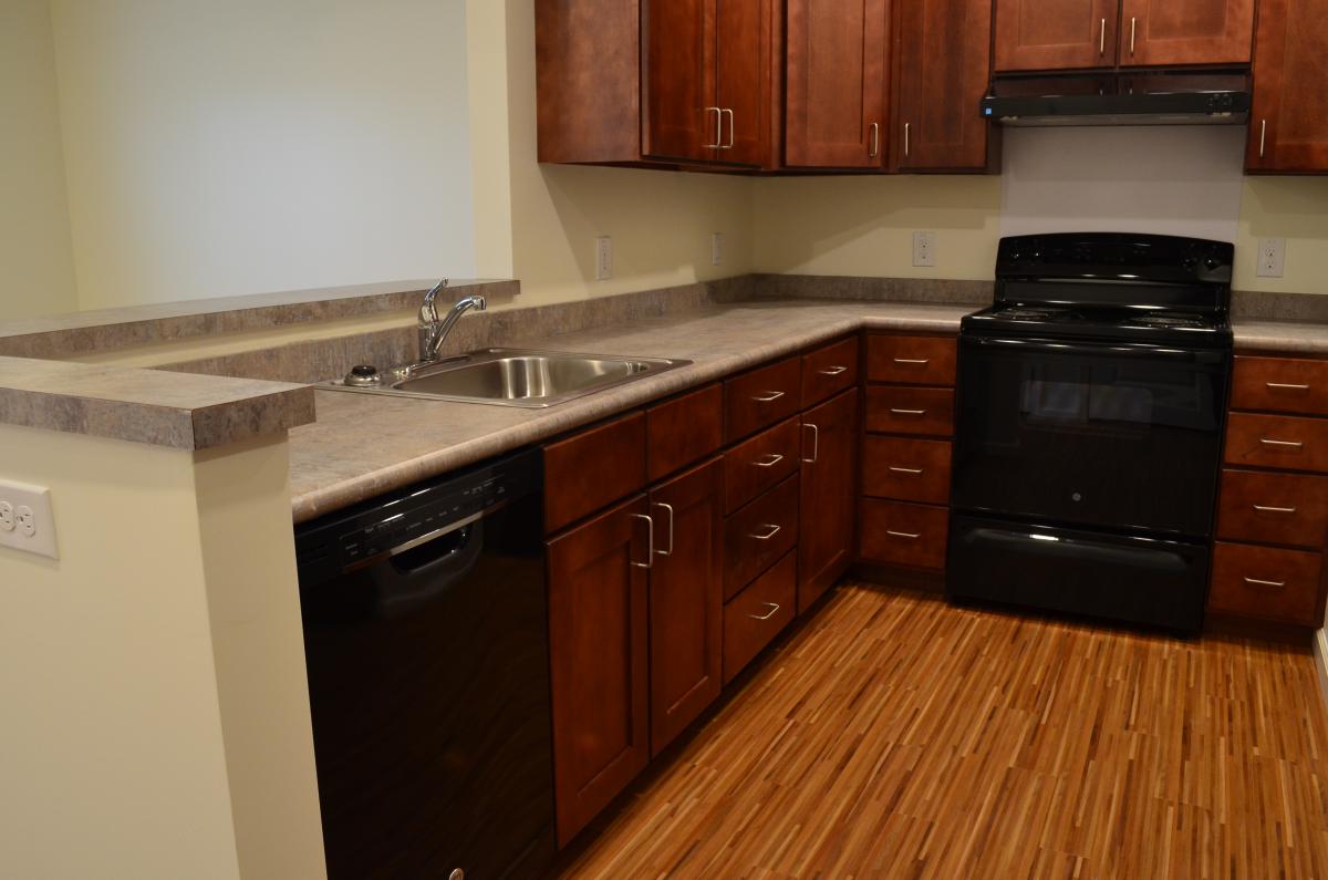 A kitchen with a dishwasher, sink, stove/range, and cabinets in one of the residential units. 
