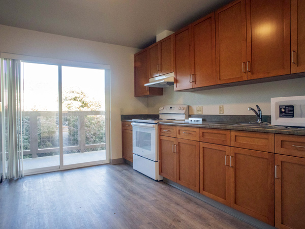 Image of a kitchen including a sink, microwave, oven and range, and cabinets adjacent to sliding glass doors that open to a balcony.
