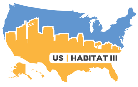 Image of a city skyline in the shape of the United States with the Habitat III logo superimposed.