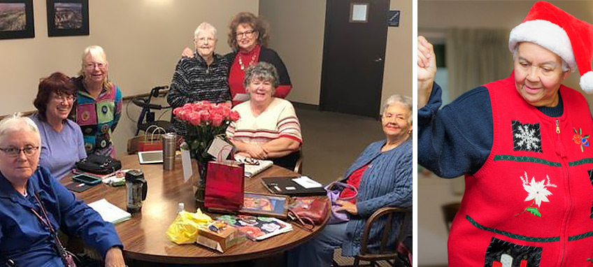 The 2019 group of Rogue River Estates residents who participated in the It Just Takes 1 Writing and Mentoring classes (left), Frida demonstrates the epitome of social connectedness, inclusiveness, and community building at the annual holiday party (right)