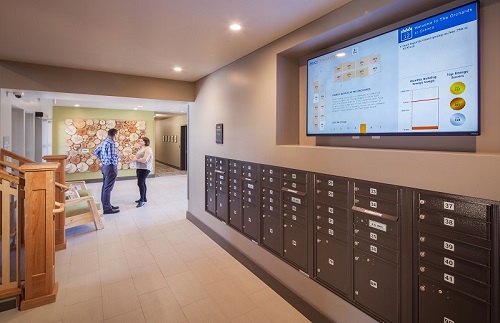 Photograph of two people standing in a lobby with a seating area, mailboxes, and a screen showing energy use for each apartment and the building as a whole.