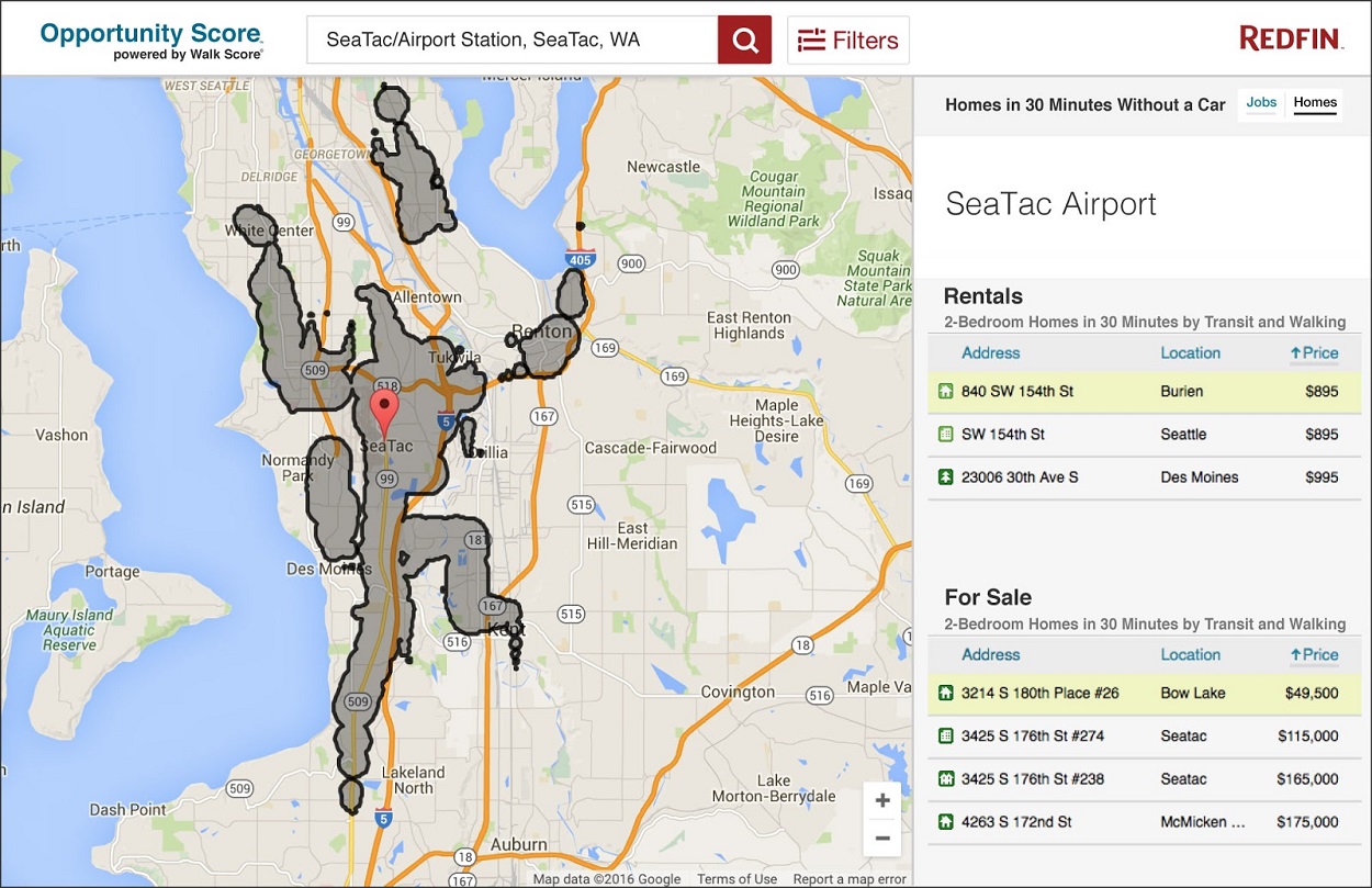 Map from Redfin's forthcoming Opportunity Score tool showing affordable homes available within a 30-minute commute of a Seattle, Washington, workplace without a car.