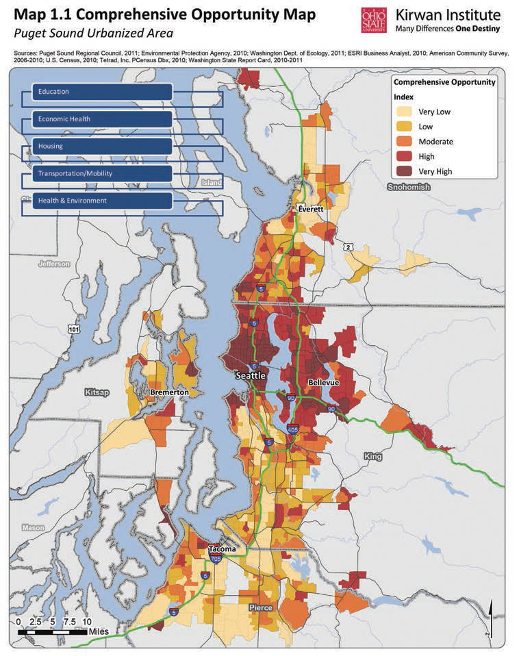 A map showing very high to very low opportunity areas in the Puget Sound region.