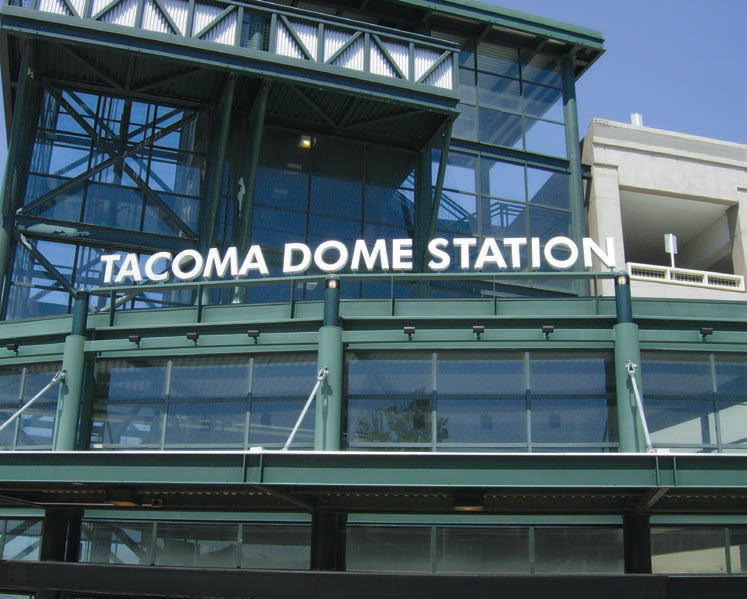 A photo showing the partial façade of the Tacoma Dome station.