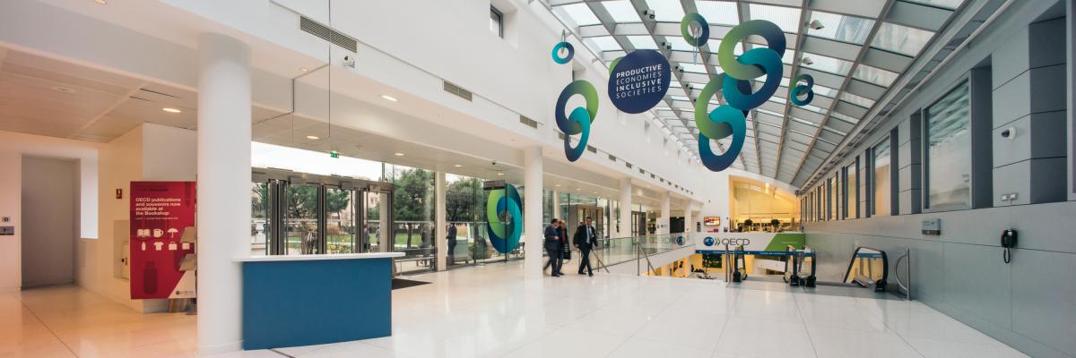 The interior of the Organisation for Economic Co-operation and Development (OECD) building in Paris, France.