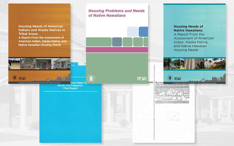 A collage of different publications on the subject of Native American and indigenous housing.