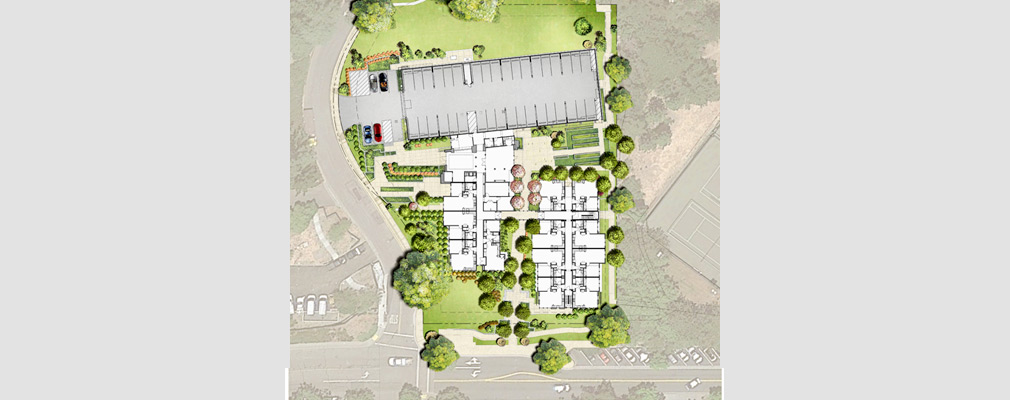 Rendering of the first-floor plan and site improvements on top of an aerial photograph of the Monteverde site and abutting properties. Rendering of the first-floor plan and site improvements on top of an aerial photograph of the Monteverde site and abutting properties.