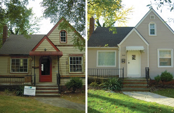 A before and after picture of a bungalow bought in disrepair and renovated.