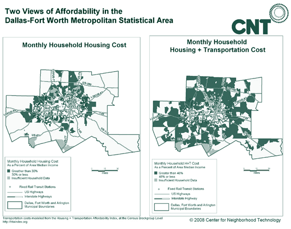 Maps showing two views of affordability in the Dallas-Fort Worth Metropolitan Statistical Area. Maps showing two views of affordability in the Dallas-Fort Worth Metropolitan Statistical Area.