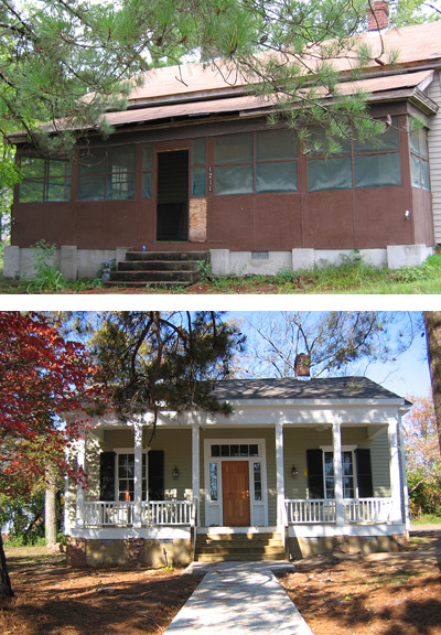 Two photographs of the front façade of a one-story wood-sided house showing conditions before and after renovations.