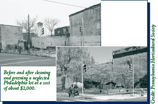 Before and after pictures of a cleaned and greened Philadelphia lot.