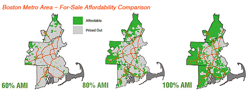 Maps show the location of affordable, for-sale homes relative to three income levels of workforce households — 60, 80, and 100 percent of area median income. 
Source: Urban Land Institute, J. Robert Terwilliger Center for Workforce Housing